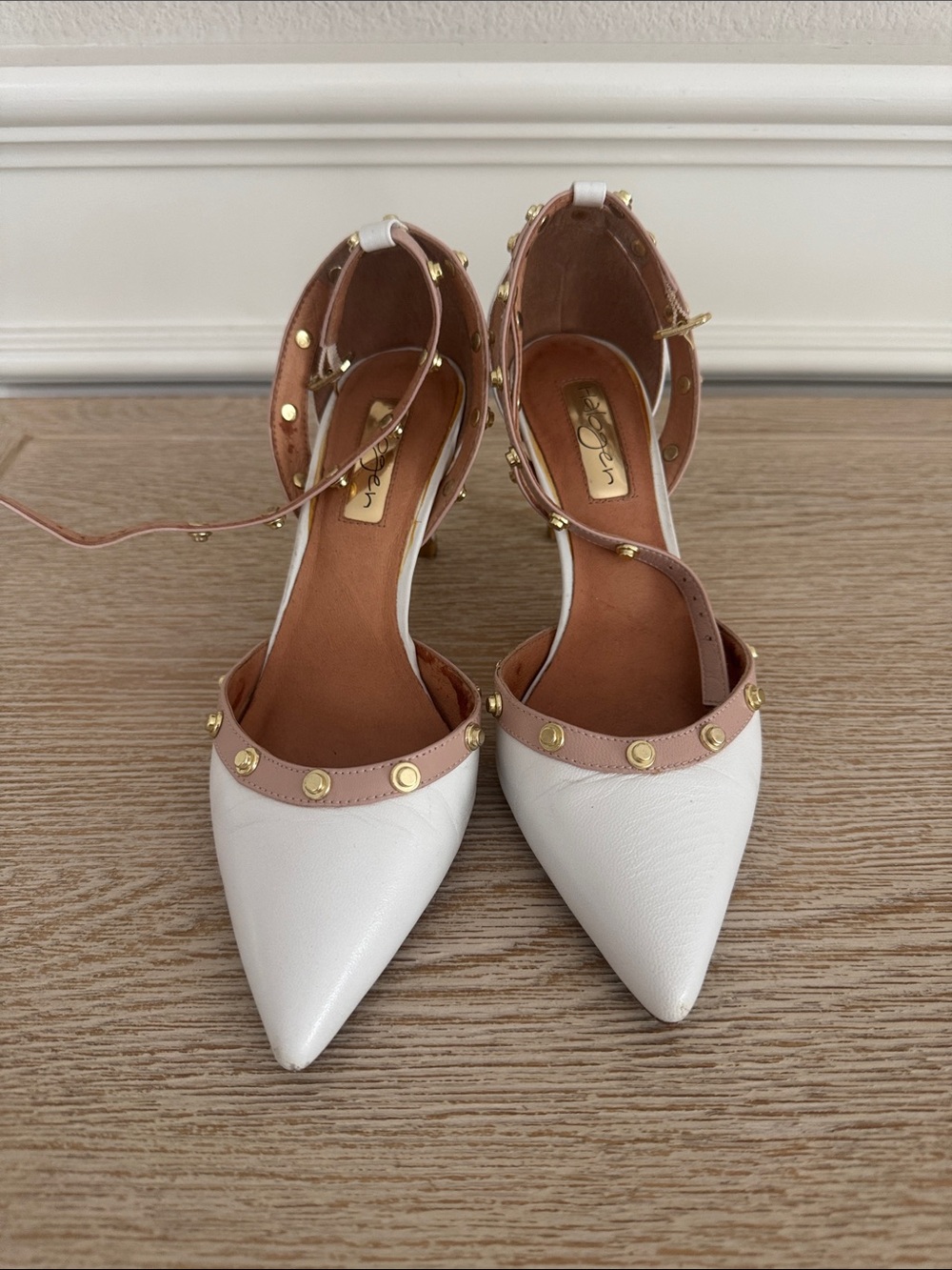 Halogen White Pointed Toe Ankle Strap Flats with Stud Trim